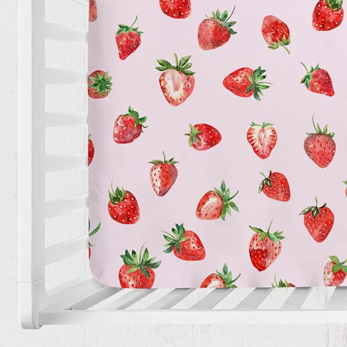 Watercolor Strawberries Baby Crib Sheet 52''x28'' Cute Strawberry Pink Stretchy Fitted Crib Mattress Covers for Boy Girl Boho Summer Fruits Soft Baby Sheets for Standard Crib and Toddler Mattress
