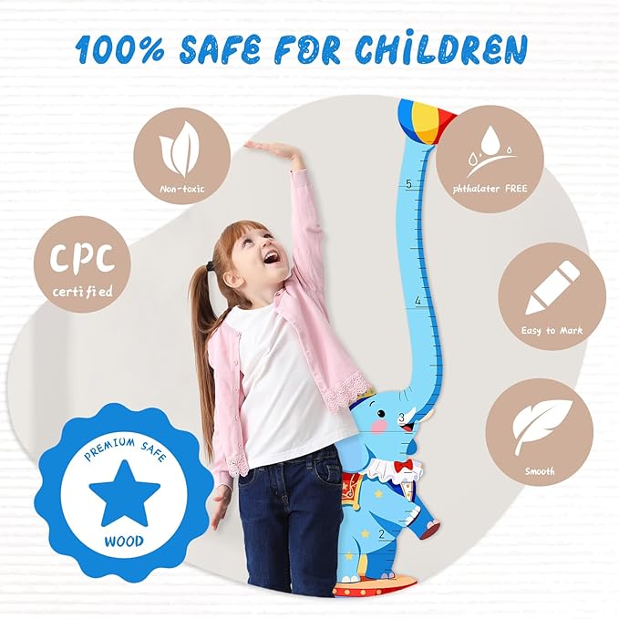 Woodemon Personalized Name Kids Growth Chart Wall, Circus Elephant Wooden Height Chart for Kids, Height Measurement for Wall Kids Room Nursery Wall Decor