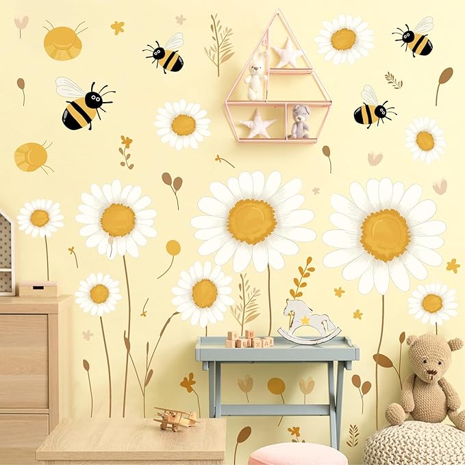 Daisy Floral Wall Stickers Baby Bedroom Walls Art Murals Boho Daisy Decals for Kids Room Peel and Stick Flower Bee Vinyl Wall Decals for Nursery Home Living Room Summer Flowers Party Theme Supplies
