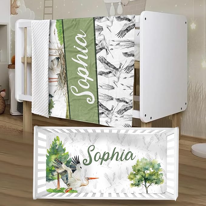 Personalized Baby Crib Bedding Set, Custom Name Crane Design Baby Bedding 2-Pcs Set-Soft Double Layer Dotted Blanket and Fitted Sheet, Nursery Bedding for Newborn Boys Girls, Perfect Shower Gift