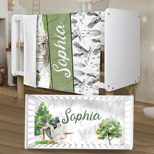 Personalized Baby Crib Bedding Set, Custom Name Crane Design Baby Bedding 2-Pcs Set-Soft Double Layer Dotted Blanket and Fitted Sheet, Nursery Bedding for Newborn Boys Girls, Perfect Shower Gift