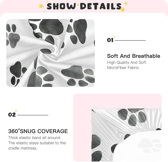 Grey Dog Paws Crib Sheets Soft Breathable Fitted Baby Crib Sheets Mattress Cover for Girl Boys, 52" x 28" x 9"