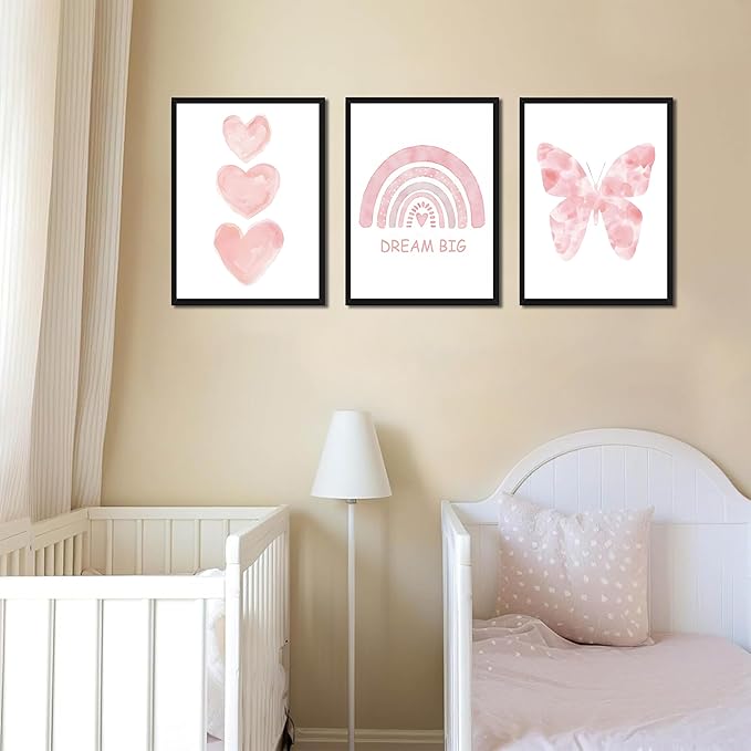 Pink Girls Nursery Wall Art Set of 3, Girl Toddler Room Wall Decor Paintings, Kids Rainbow Butterfly Love Prints Pictures for Baby Room Bedroom Decor 12x16 Inch Wood Framed