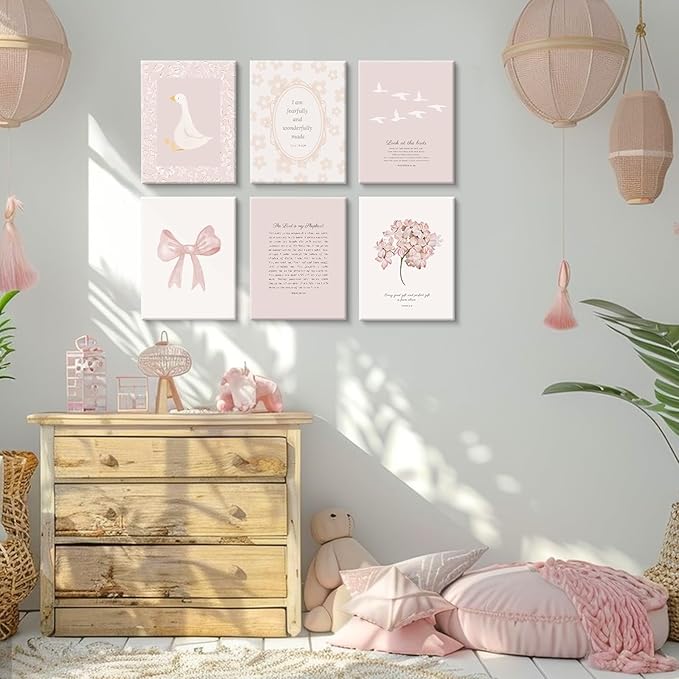 Nursery Christian Wall Art Bible Verse Prints Pink Girl Nursery Room Canvas Wall Decor Coquette Bow Poster Jesus Boho Scripture Pictures Vintage Floral Artwork for Bedroom 8x10x6 Inch Wrapped Canvas