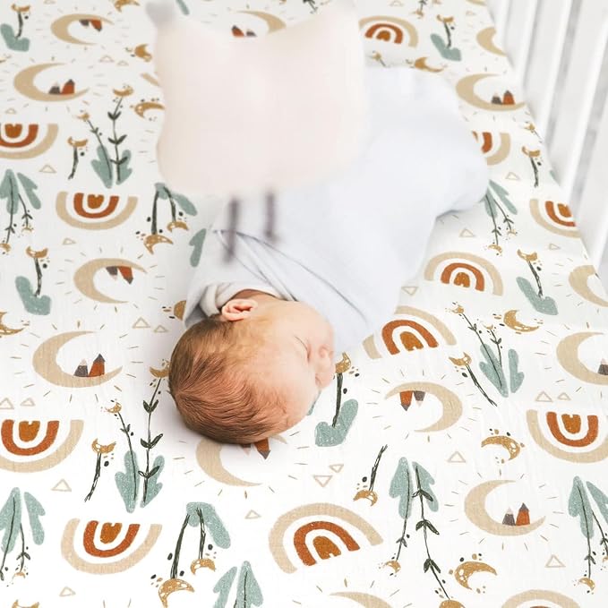 GRSSDER Soft Muslin Crib Sheet 2 Pack, 100% Cotton Crib Sheets for Boys and Girls, Fit Standard Crib Mattresses 52" x 28" Safe and Snug, Rainbow/Stripe