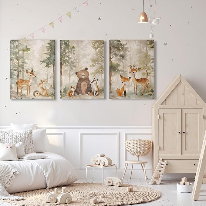 ICHZUMW Woodland Animals Nursery Wall Decor, Nursery Wall Art, Watercolor Deer Bear Fox Painting Print Artwork for Boys Girls Kids Room, Wrapped Canvas, Ready to Hang, 12x16in, Set of 3
