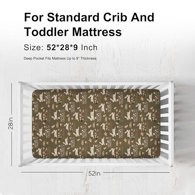 Cute Hopping Bunnies Flowers Fitted Baby Crib Sheets Boy Girl 52"x28" Rabbits Boho Retro Floral Soft Crib Mattress Covers Spring Garden Easter Baby Sheets for Standard Crib and Toddler Bed Mattress