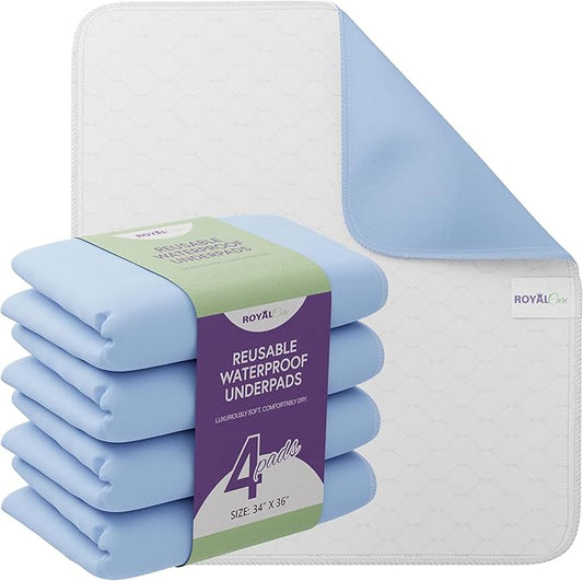 Incontinence Bed Pads - Reusable Waterproof Underpad Chair, Sofa and Mattress Protectors - Highly Absorbent, Machine Washable - for Children, Pets and Seniors (34x36 (Pack of 4), Blue)