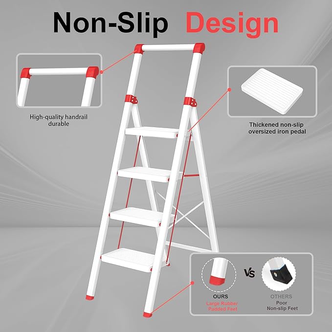 4 Step Ladder, DIAMONDFORGE Folding Step Stool with Wide Anti-Slip Pedal, Anti-Slip Feet and Handgrip, Sturdiest Steel Construction, Steel Ladder for Home, White Red