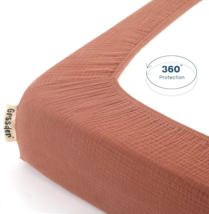 GRSSDER Soft Muslin Crib Sheet 2 Pack, 100% Cotton Crib Sheets for Boys and Girls, Fit Standard Crib Mattresses 52" x 28" Safe and Snug, Wheat/Brick Red