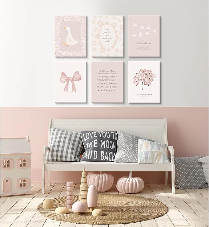 Nursery Christian Wall Art Bible Verse Prints Pink Girl Nursery Room Canvas Wall Decor Coquette Bow Poster Jesus Boho Scripture Pictures Vintage Floral Artwork for Bedroom 12x16x6 Inch Wrapped Canvas