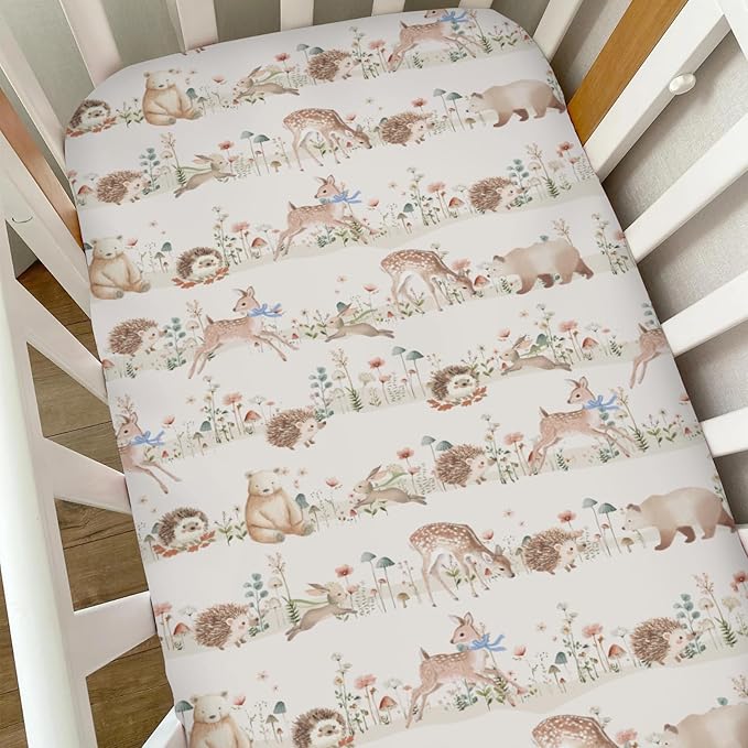 Pastel Animals Bows Floral Mushroom Baby Crib Sheets for Boy Girl Cute Bear Deer Bunny Hedgehog Soft Snug Fitted Crib Mattress Covers for 52''x28'' Standard Crib & Toddler Mattress Nursery Bed Sheets