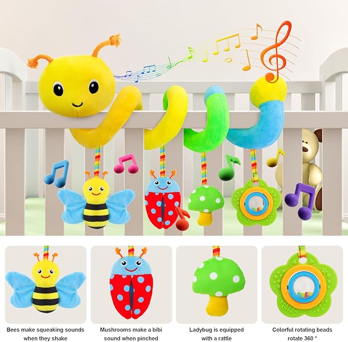 Car Seat Toys for Babies 0-6 Months, Spiral Car Seat & Stroller Activity Toy, Soft Plush Hanging Toys with Rattles, Best Gift for Ages 0 and Up