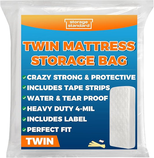Storage Standard Twin Mattress Storage Bag - Waterproof & Reusable Mattress Bags for Moving, Heavy-Duty 4-Mil Plastic with Tape Strips & Label Sticker, 95 x 42 x 15 Inch, for Standard Twin Mattresses