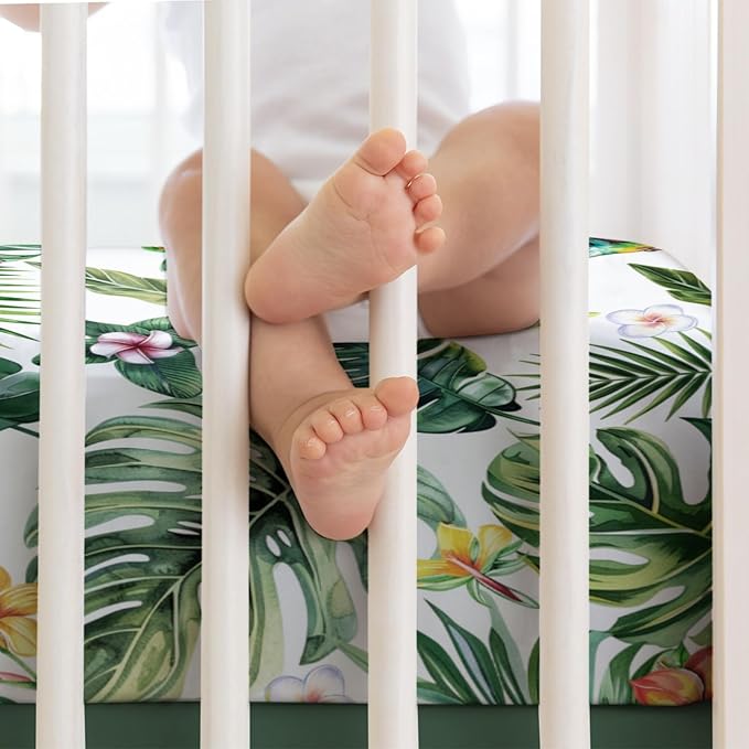 Green Tropical Leaves Floral Hummingbirds Baby Crib Sheets 52''x28'' Rainforest Monstera Leaves Snug Fitted Crib Mattress Covers for Boy Girl Soft Nursery Bed Sheet for Standard Crib Toddler Mattress