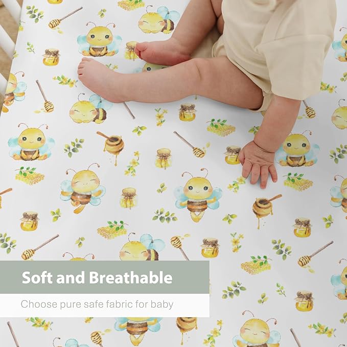 Bee Honey Baby Crib Sheets for Boy Girl 52"x28" Cute Bees Honeycomb Floral Leaves Soft Snug Fitted Crib Mattress Cover Summer Spring Garden Baby Sheet for Standard Crib & Toddler Bed Mattress