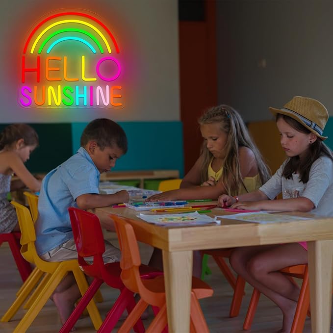 Hello Sunshine Neon Sign for Wall Decor Dimmable Colorful Rainbow LED Neon Lights for Classroom Bedroom Decor Affirmation Positive Wall Art for Party Office Living Room Gifts Size 13.8*12.8in(GLNP300)