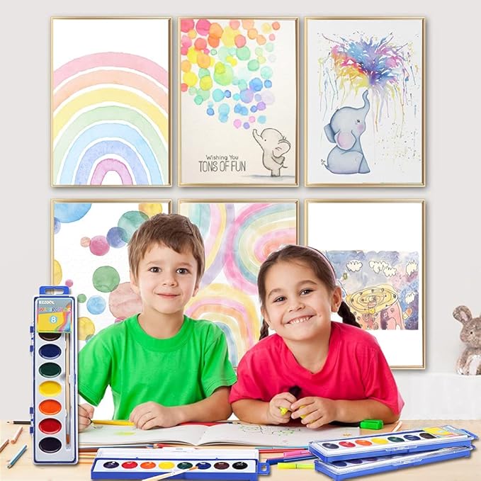Watercolor Paint Sets Bulk Pack of 24, Ezzgol 8 Colors Washable Paint Sets for Kids, Quality Water Color Wooden Brushes, Perfect for Preschool Classroom