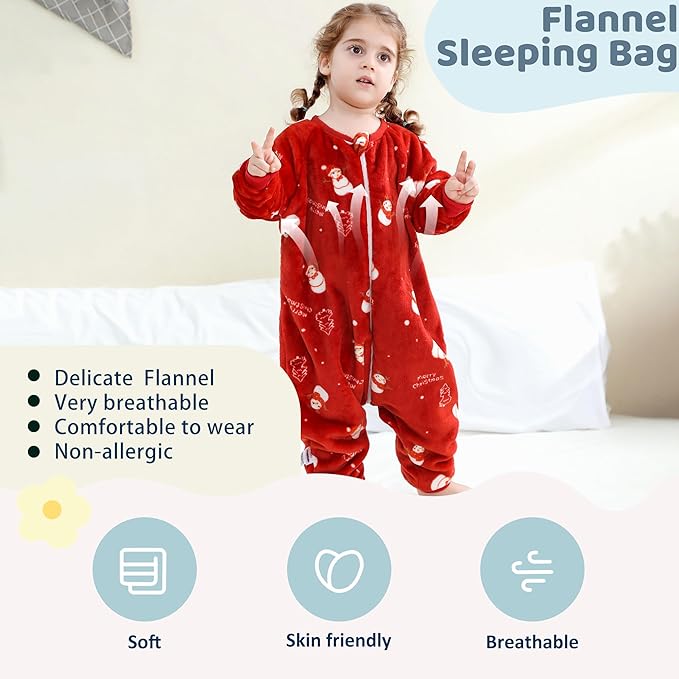 MICHLEY Toddler Flannel Sleeping Sack with Feet,Long Sleeve Baby Sleeping Bag 3-Way Zipper Super Warm Wearable Blankets