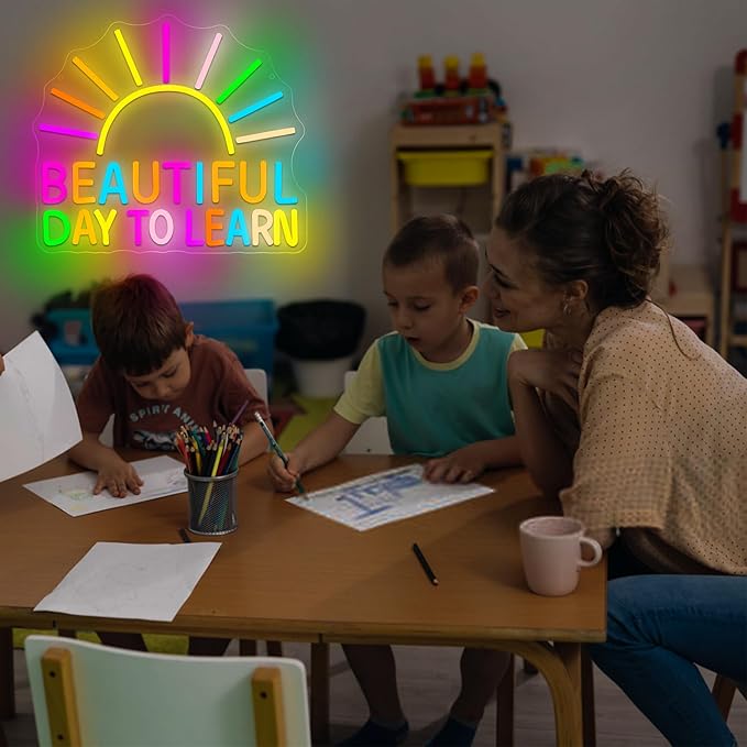 Beautiful Day To Learn Neon Sign for Wall Decor Dimmable Sunrise LED Neon Lights for Classroom Bedroom Decor Classroom Signs Positive Wall Art for Study Library Office Gifts Size 14.9 * 13in(GLNP301)