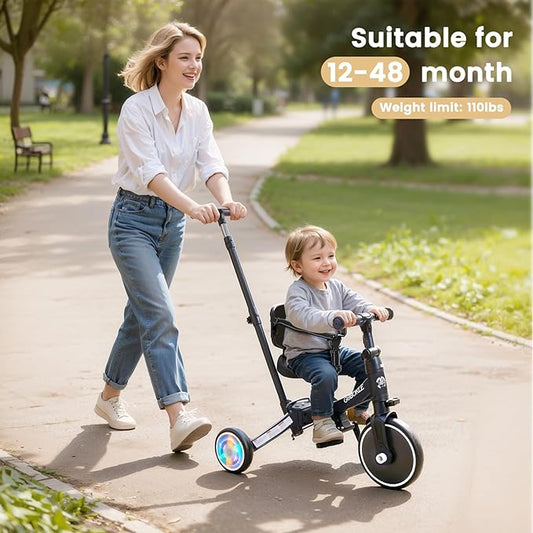 5-in-1 Tricycle for Toddlers 1-3, Convertible Toddler Bike with Push Handle & Removable Pedals, Balance Bike with Colorful Lighting Wheels, Adjustable Seat Height with Backrest (Black)