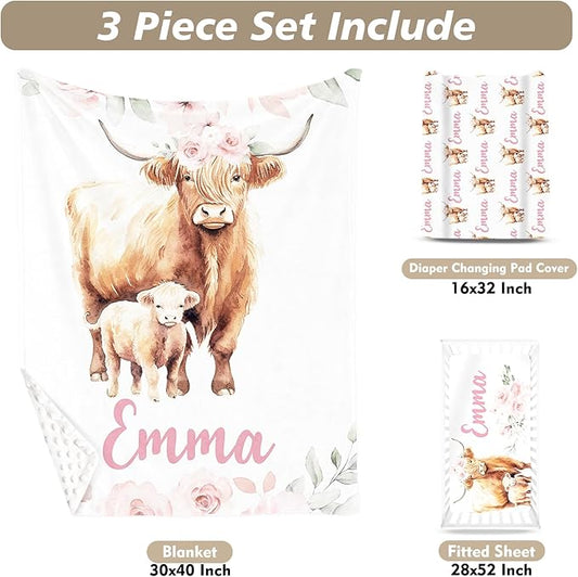 Custom Name Crib Bedding Set 3-Piece – Pink Highland Cow Design Baby Bedding Set with Personalized Soft Blanket, Fitted Sheet, Changing Pad Cover – Ideal Newborn Gift for Boys and Girls