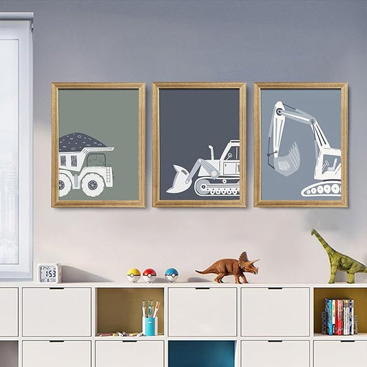 Construction Truck Kids Room Wall Art Deco Bulldozer Pictures Tractor Vehicle Poster Dump Truck Wall Art Boy Room Canvas Wall Decoration Baby Room Print Boy Bedroom 12x16 Inch Frame 3 Piece Set