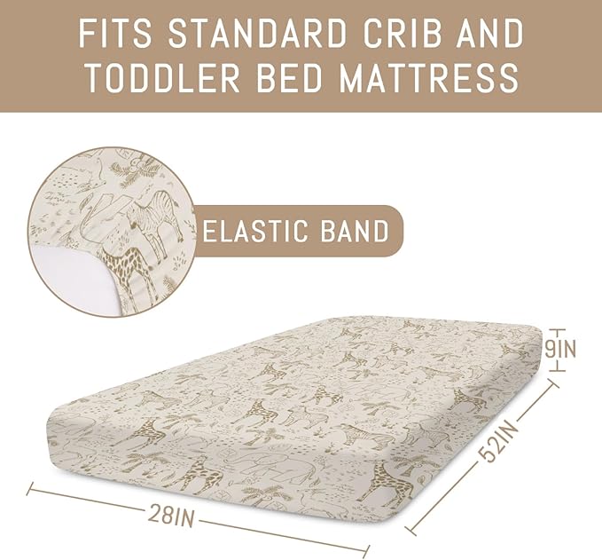Cute Animals Safari Baby Crib Sheets for Boy Girl Boho Giraffe Zebra Elephant Trees Leaves Soft Snug Fitted Crib Mattress Covers for 52''x28'' Standard Crib & Toddler Mattress Wild Animals Bed Sheets