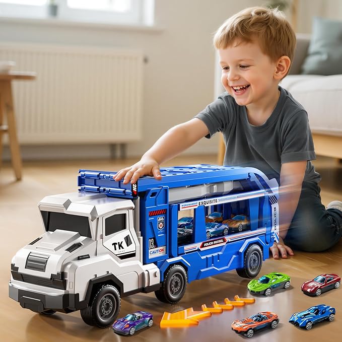 Toddler Car Truck Toys for 3 4 5 6 7 8 Years Old Boys, Transporter Truck Toy Track Set with 12 Die-Cast Car Toys, Toy Gifts for 3 4 5 6 Year Old Boys Kids