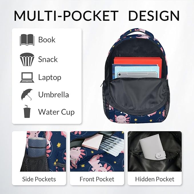 COZYAURA Kids Backpack for Girls - Large Capacity School Bags with Lunch Bag Pencil Pouch Set - Cute Axolotl Bookbag for Elementary Middle School & Travel - Kid School Supplies