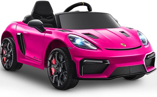 First Ride On Licensed Porsche 718 12V Ride on Toy for Toddler, Ride on Car for Kids with Remote Control, Child Electric Car w/Horn, Radio, USB, Spring Suspension, Opening Door, Led Light (Pink)