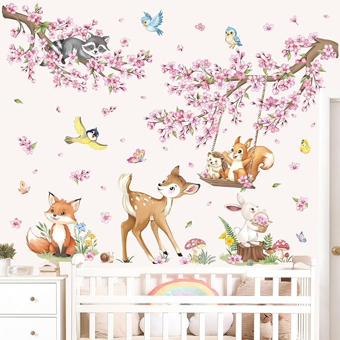 decalmile Woodland Animals Pink Flower Wall Stickers Cherry Blossom Branch Deer Fox Wall Decals Baby Nursery Kids Bedroom Living Room Home Decor