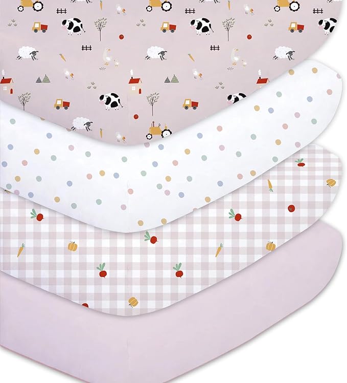 Little Grape Land Toddler Sheets 4 Pack – Baby Crib Sheets Fitted for Boys Girls, Standard Size 28x52‘’ Crib Mattress, Super Soft Breathable Washable Microfiber,Pink Sheep