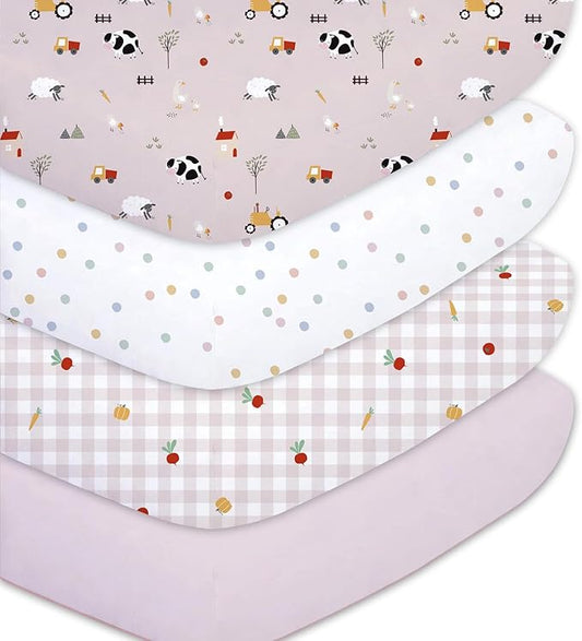 Little Grape Land Toddler Sheets 4 Pack – Baby Crib Sheets Fitted for Boys Girls, Standard Size 28x52‘’ Crib Mattress, Super Soft Breathable Washable Microfiber,Pink Sheep