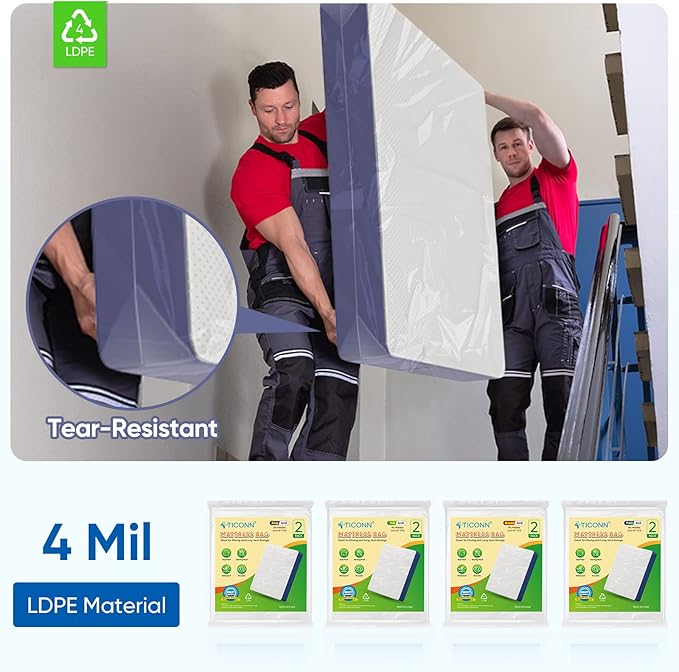 TICONN 2PK Plastic Mattress Bag for Moving Storage, Waterproof Mattress Protector Cover, Heavy-Duty Mattress Moving Supplies (4 mil, Queen)