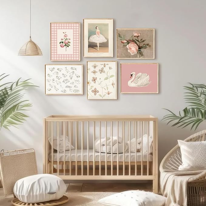 Nursery Pink Wall Art Decor Baby Girl Room Prints Vintage Nursery Floral Canvas Wall Decor Preppy Room Pictures Pink Swan Flower Paintings Artwork for Girls Bedroom 12x16 Inch Unframed Set of 6