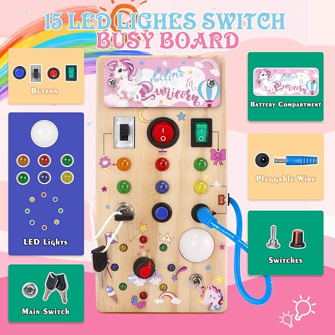 Hoarosall Unicorn Wooden Busy Board Sensory Toys with 8 LED Light switches,Christmas Travel Toys Montessori Toys for 1 Year Old Babies Toodler