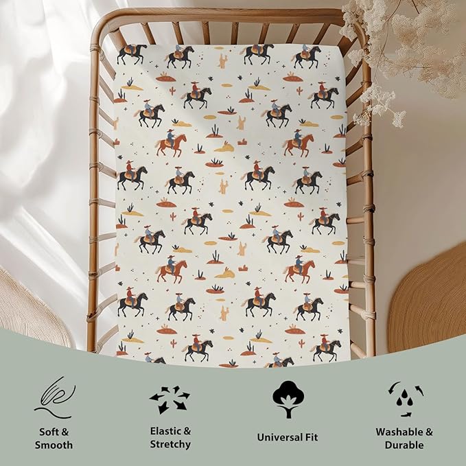 Vintage Western Cowboy Baby Crib Sheets for Boy Girl 28"x52" Retro Cowboy Horse Cactus Soft Stretchy Fitted Crib Mattress Cover Wild Desert Baby Sheet for Standard Crib & Toddler Mattress Pads