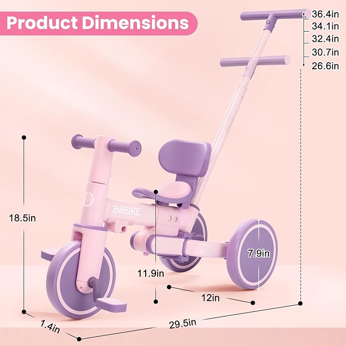 Bobike 5-in-1 Tricycle for Toddlers 18 Months to 5 Years Old, Kids Tricycle with Push Handle and Backrest, Toddler Balance Bike with Easy Assembly for Boys and Girls (Purple)
