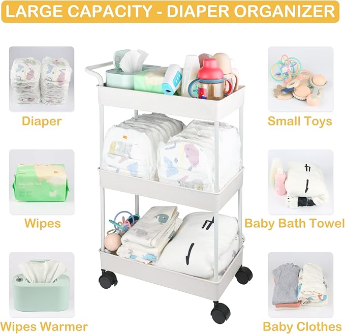 Volnamal Baby Diaper Caddy, Plastic Movable Cart for Newborn Nursery Essentials Diaper Storage Caddy Organizer for Changing Table & Crib, Easy to Assemble, Beige