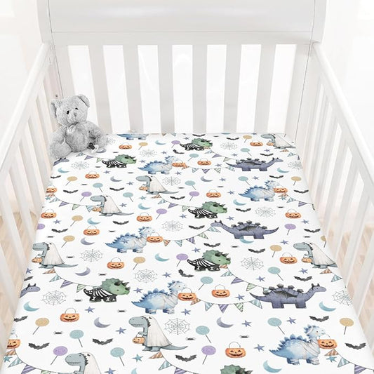 Cute Halloween Dinosaurs Baby Crib Sheets Spooky Dinosaur Pumpkin Bats Fitted Crib Mattress Cover for Standard Crib Toddler Mattress Halloween Night Baby Sheet 28x52in