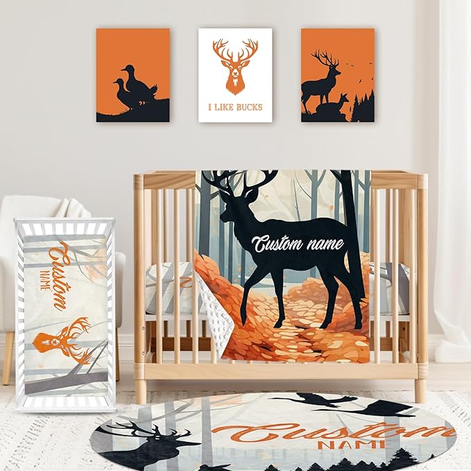 Personalized Baby Crib Bedding Set: 4 Piece Custom Orange Sika Deer Crib Bed Set with Name, Nursery Bedding Set for Baby Girls, Newborn Boys Crib Sets, Crib Bedding Custom Gift, Crib Sheet