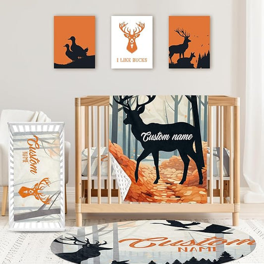 Personalized Baby Crib Bedding Set: 4 Piece Custom Orange Sika Deer Crib Bed Set with Name, Nursery Bedding Set for Baby Girls, Newborn Boys Crib Sets, Crib Bedding Custom Gift, Crib Sheet