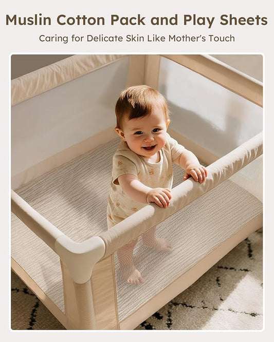 Muslin Pack and Play Sheets Fitted, 100% Cotton Mini Crib Sheets 2 Pack for Pack N Play Mattress, Stretchy Playard Sheet, Soft and Breathable Beige & Khaki