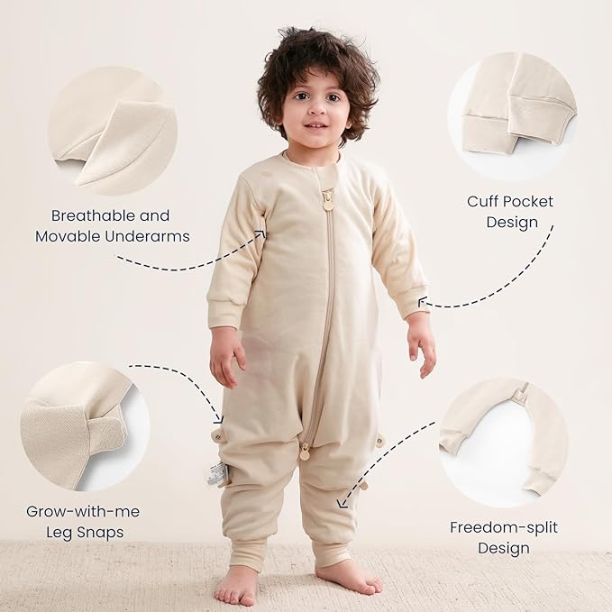 kaiya baby Unisex Toddler Sleep Sack with Feet 1.0 Tog Split Legs Sleep Sack 3T-4T, Sleep Bag Walker, Gifts for Boys & Girls, Cream