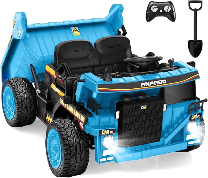 ANPABO 24V Ride On Dump Truck, 2X75W Powerful Motors, Up to 4.4Mph, EVA Tires, Construction Vehicle w/Electric Dump Bed and Extra Shovel, 19" Spacious 2 Seater, Kids Car w/Parent Remote -Blue