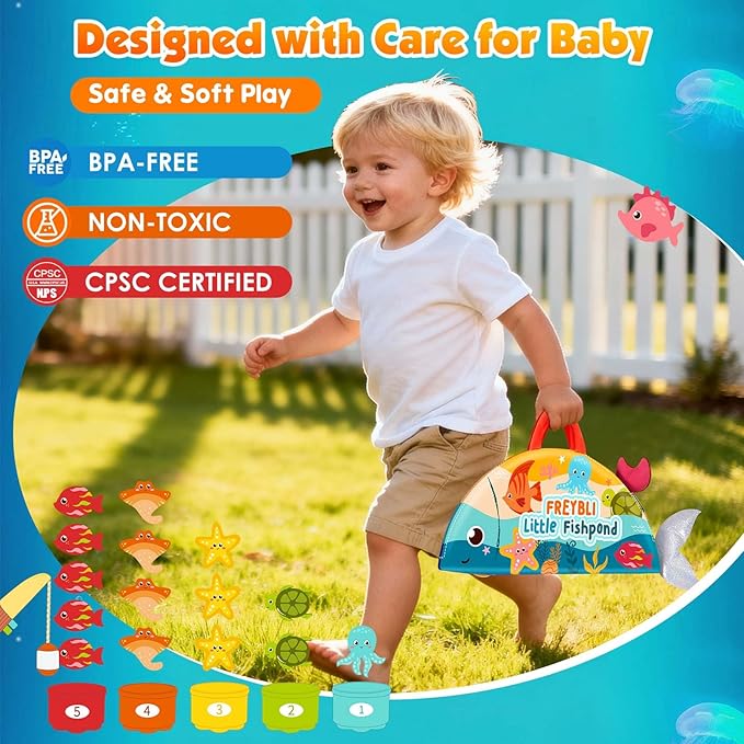 FREYBLI Montessori Toys for 1 Year Old Boy Girl Birthday Gifts - Toddler Fishing Game Toys with Stacking Cups, Mirror, Rattle - Educational Learning Sorting Toy for One Year Old Baby Boy Gifts