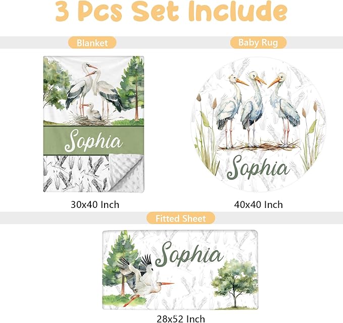 Custom Crib Bedding Set - 3 Pcs Personalized Name Baby Bedding Set for Nursery - Cute Double Layer Baby Crib Set for Boys Girls, Customized Gifts for Infant Toddler New Parents - Green Crane