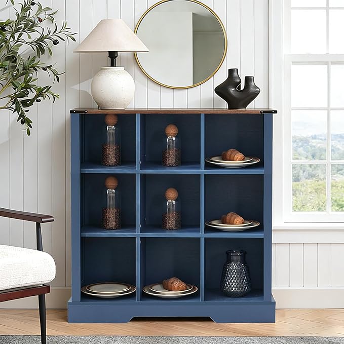 Puntogen 9 Cube Storage Organizer, Wood Cube Bookshelf with LED Lights, Horizontal Storage Cubes, Kids Bookshelf, Display Cabinet Cubby Shelf for Living Room Home Office Bedroom，Navy Blue