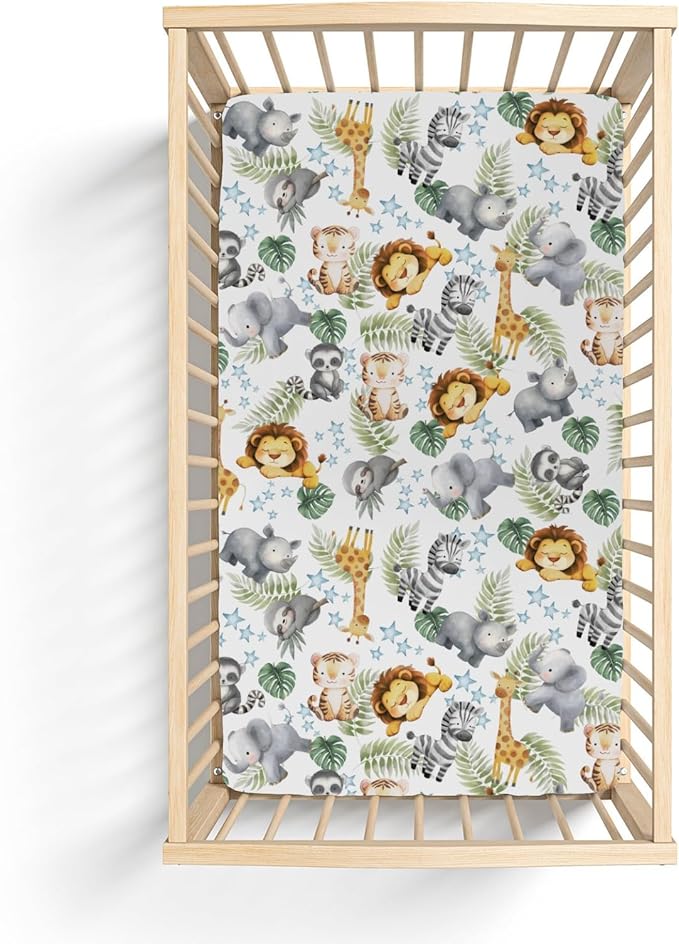 Jungle Friends Baby Crib Sheets for Boy Girl 52x28 Safari Lion Giraffe Elephant Tropical Leaves Soft Stretchy Fitted Crib Mattress Cover African Animal Baby Sheet for Standard Crib & Toddler Mattress